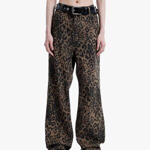 Aelfric Eden Women's Leopard Print Jeans, Cheetah Print Trousers, Straight Leg D